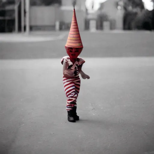 Image similar to midget conehead clown circus , 50mm film photography