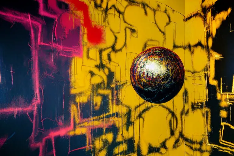 Image similar to creepy golden ball, multilayer glitch effect in spatial perceptron synapses, matte painting, 4 k, epic composition, volumetric light, abstract illusionism, by robert rauschenberg, konstantinas ciurlionis, jean - michel basquiat, pour paint, modern street art, grunge wall, industrial