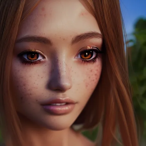 Image similar to Render of a very beautiful 3d anime girl, long hair, bikini shot, hazel eyes, cute freckles, full round face, short smile, golden hour, serene beach setting, medium shot, mid-shot, highly detailed, trending on Artstation, Unreal Engine 4k