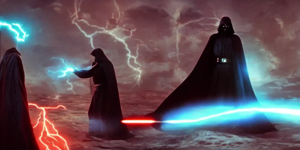 Image similar to screenshot of a dark sith lord in a robe with electricity fighting Luke Skywalker, on a planet of maelstrom,, chaos, the world without form and void, 1970s film by Stanley Kubrick, iconic scene, stunning cinematography, hyper detailed, sharp, anamorphic lenses, kodak color, 4k, stunning