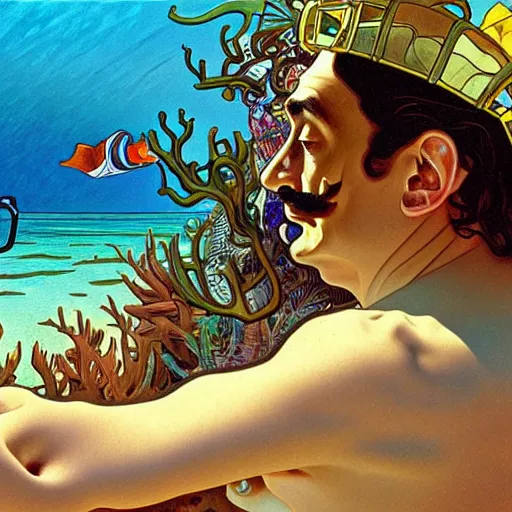 Image similar to salvador dali snorkeling in cap de ras, highly detailed, digital painting, artstation, sharp focus, illustration, art by tan zi and alphonse mucha