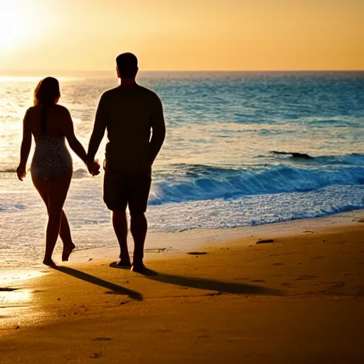 Prompt: Couple walking down a secluded beach during the golden hour quietly contemplating the newfound beauty discovered inside the other person while growing ever more deeply in trust and love between each other.