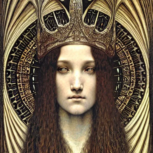 Prompt: detailed realistic beautiful young medieval queen face portrait by jean delville, gustave dore, ernst haeckel and marco mazzoni, art nouveau, symbolist, visionary, gothic, pre - raphaelite. horizontal symmetry