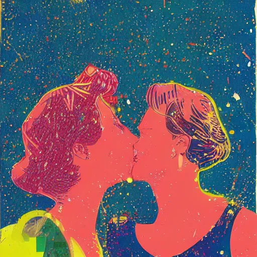 Image similar to two women kissing at a party, mixed media collage, retro, paper collage, magazine collage, acrylic paint splatters, retro psychedelic illustrations,