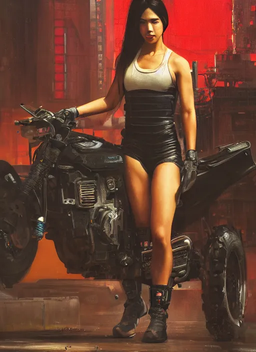 Prompt: Nikki Tanaka. Cyberpunk mechanic in jumpsuit (blade runner 2049, cyberpunk 2077). Orientalist portrait by john william waterhouse and James Gurney and Theodore Ralli and Nasreddine Dinet, oil on canvas. Cinematic, hyper realism, realistic proportions, dramatic lighting, high detail 4k