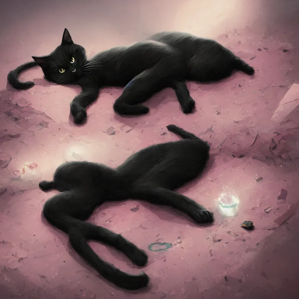 Image similar to black cat laying on a shiny bed on pink planet, concept art, by greg rutkowski