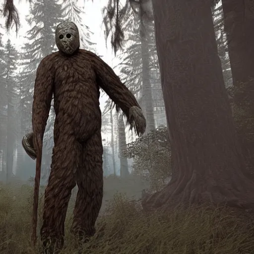 Prompt: jason voorhees fighting bigfoot in the forest, landscape, unreal engine art, hyper realistic