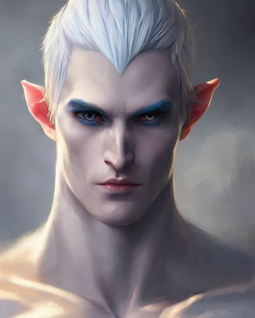 Image similar to character portrait of a slender young half elven man with white hair, piercing blue eyes, and pale blue skin, by greg rutkowski and mark brookes and jim burns and tom bagshaw and magali villeneuve, trending on artstation