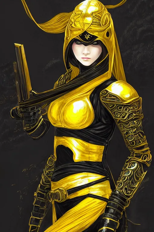 Prompt: portrait Ninja gaiden girl armored black and yellow ninja wardrobe, at ruin japanese temple rainny night, ssci-fi and fantasy, intricate and very very beautiful and elegant, highly detailed, digital painting, artstation, concept art, smooth and sharp focus, illustration, art by tian zi and WLOP and alphonse mucha