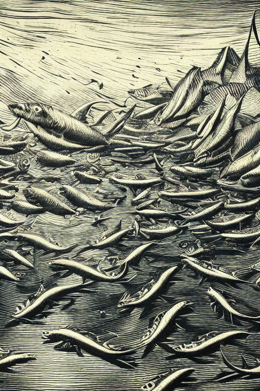 Prompt: a beautiful wood engraving on paper of a school of fish, 8 k, frostbite 3 engine, cryengine, dof, trending on artstation, digital art, crepuscular ray