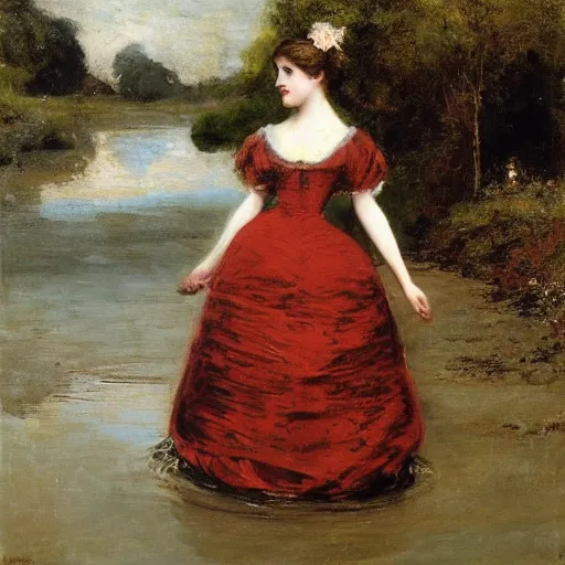 Prompt: young victorian lady in ball gown wading through a river, painted by alfred stevens