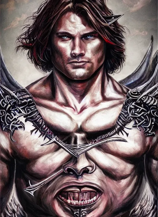 Prompt: front portrait of attractive Sam Winchester as a muscular warrior holding swords ⚔️ demon wings wide open, teared apart T-Shirt whole body tattooed with runes and satanic symbols, D&D!, fantasy style, sharp focus!, ultra detailed, art by Artgerm and Peter Andrew Jones, WLUP
