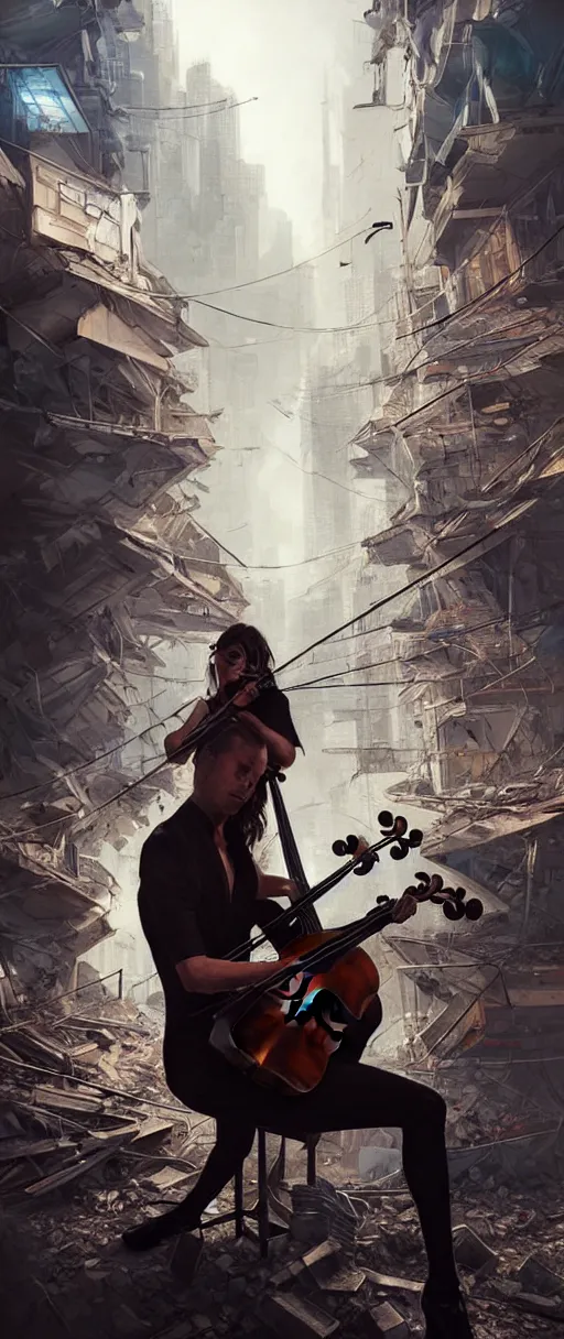 Prompt: a highly detailed portrait of a singular cellist playing in the rubble of a fallen building in a cyberpunk city, beautifully lit, concept art, sharp focus, digital illustration by steve argyle and pascal blanche, artstation HD, artgerm, octane render