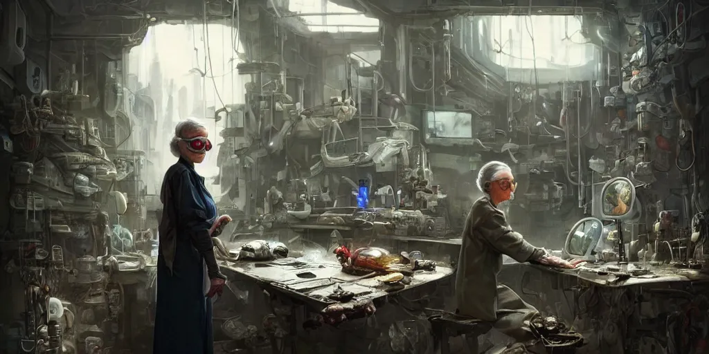 Image similar to an environmental concept art of an elderly woman cyberneticist in a messy workshop by artgerm and greg rutkowski, surgical implements, surgery theatre, robotic arm, blood spatter, highly detailed, cinematic, dramatic, cyberpunk, dieselpunk, scifi space station, horror, ( bladerunner 2 0 4 9, cyberpunk 2 0 7 7 )