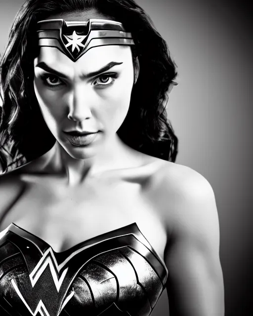 Prompt: tired angry wonderwoman portrait hd sharp monochrome technoir photo with mix of gal Gadot and Linda Carter in frank Miller Alex Ross style detailed trending on Flickr Leica Zeiss depth of field