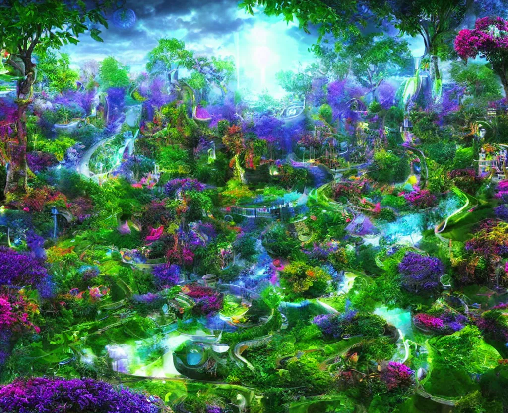 Prompt: techno - spiritual utopian garden, perfect future, award winning digital art