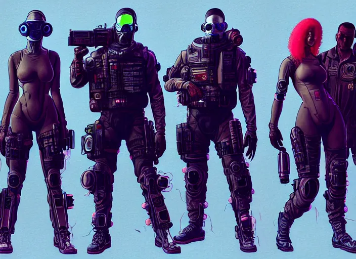 Image similar to cyberpunk blackops hazmat squad. portrait by stonehouse and mœbius and will eisner and gil elvgren and pixar. character design. realistic proportions. cyberpunk 2 0 7 7 character art, blade runner 2 0 4 9 concept art. cel shading. attractive face. thick lines. the team. diverse characters. artstationhq.