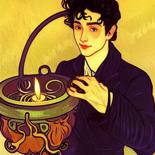 Image similar to painting of young cute handsome beautiful dark medium wavy hair man in his 2 0 s named shadow taehyung and cute handsome beautiful min - jun together at the halloween! party, bubbling cauldron!, candles!, smoke, autumn! colors, elegant, wearing suits!, delicate facial features, art by alphonse mucha, vincent van gogh, egon schiele