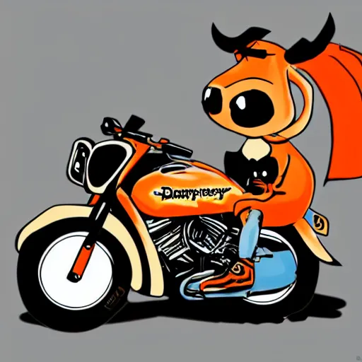 Image similar to a cartoon donkey, riding a harley - davidson motorcycle, orange and black, in the style of ed roth