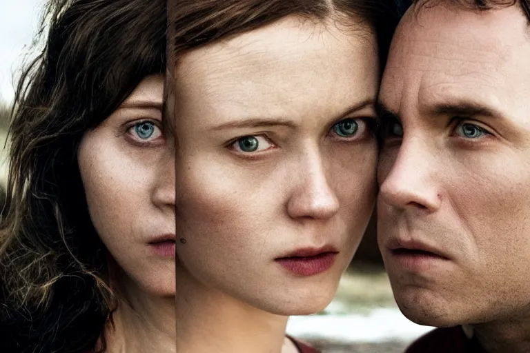 Image similar to movie closeup polar opposites, couple, beautiful skin, Symmetrical faces. Beautiful lighting by Emmanuel Lubezki