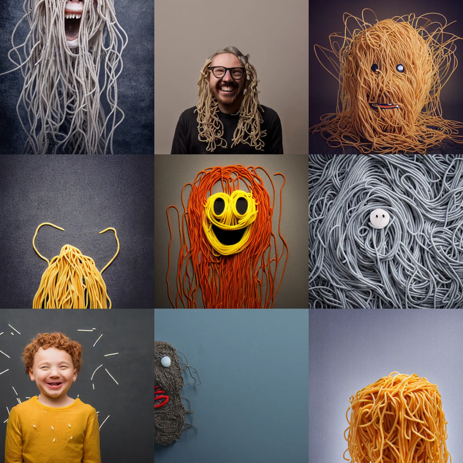 Prompt: smiling spaghetti monster. foggy background. professional studio photography.
