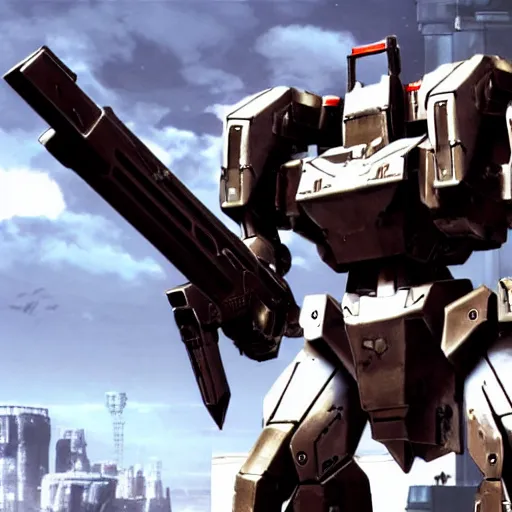 Prompt: cinematic still in ps 5 armoredcore 6, one slim full body ornate armored core with sci - fi rifle arms by fujioka kenki and by mamoru nagano,
