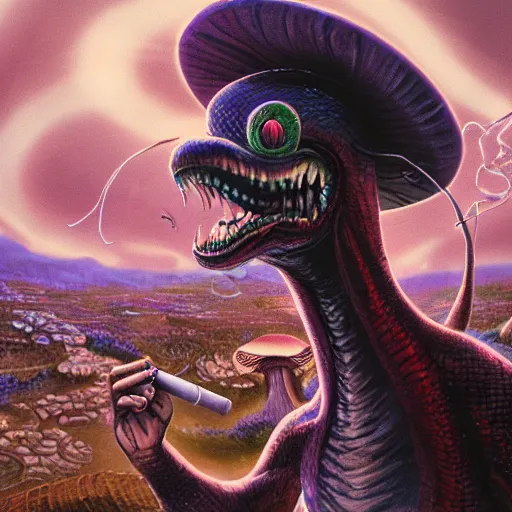 Image similar to A centered chest up portrait of a psychedelic demonic anthropomorphic snake smoking a hand-rolled cigarette smoking heavily , magic mushroom village in background , award winning. superb resolution. in the art style of junji Ito and greg rutkowski . Detailed Mushroom city in background. Hyper realistic anime. Perfect art. Dalle2