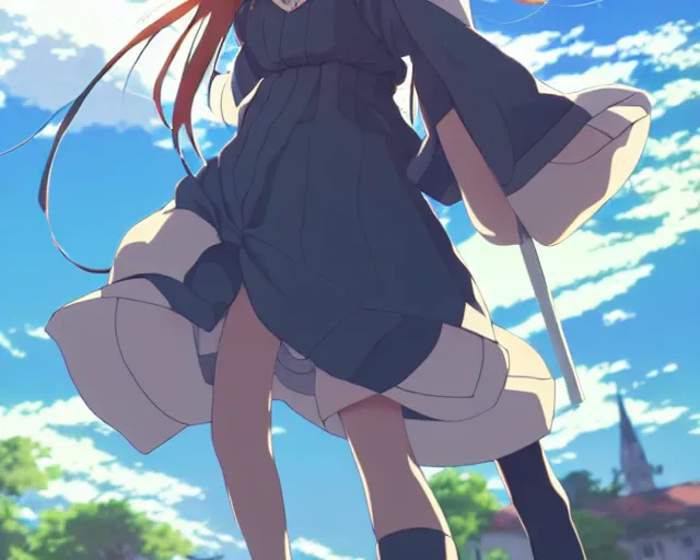 Image similar to key anime visual portrait of a young female in a village, dynamic pose, dynamic perspective, cinematic, dramatic lighting, muted colors, detailed silhouette, textured, finely detailed eyes, anime proportions, little witch academia