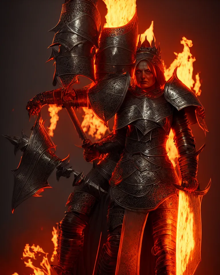 Image similar to epic portrait of female orc in plate armour and crown of fire by cleavanger and elvgren epic awesome gorgeous symmetrical perfect octane vfx maya render realistic