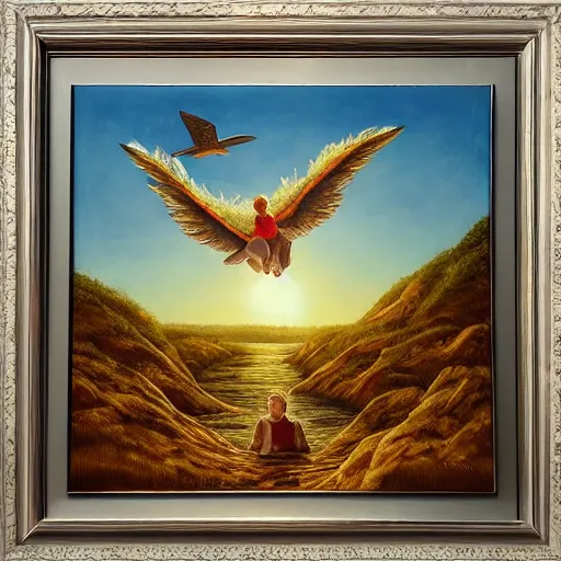 Prompt: a public restroom with wings, flapping its wings flying in sunset sky, oil on canvas, portrait, intricate, 8k highly professionally detailed, HDR, CGsociety