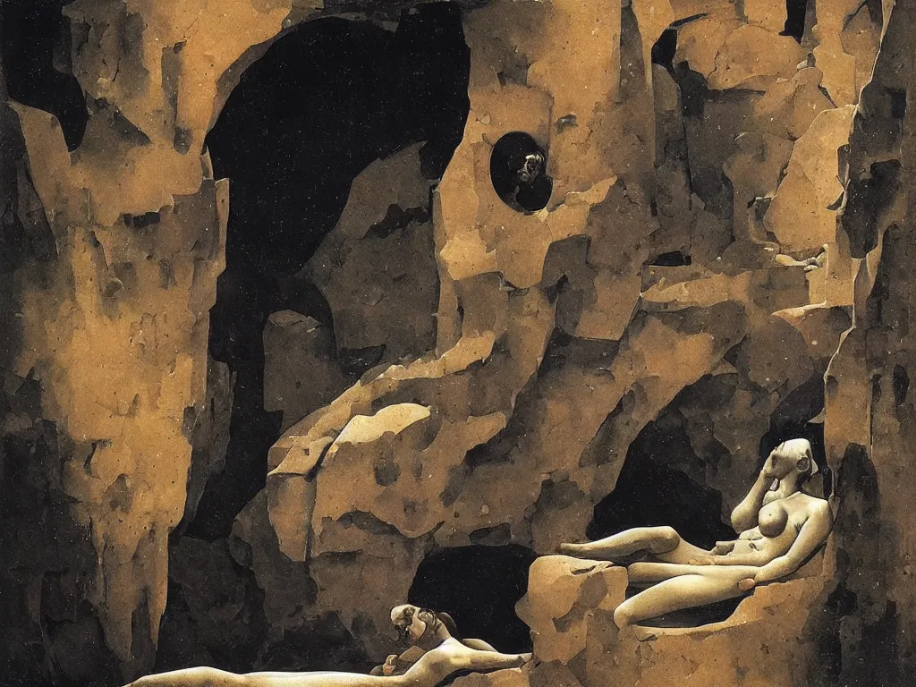 Image similar to Woman taking a bath sculpted by Henri Moore. Cave, interior of a infinite temple with strange stairs, marbled columns, arches. Starry sky. Painting by Caravaggio, Escher, Beksinski