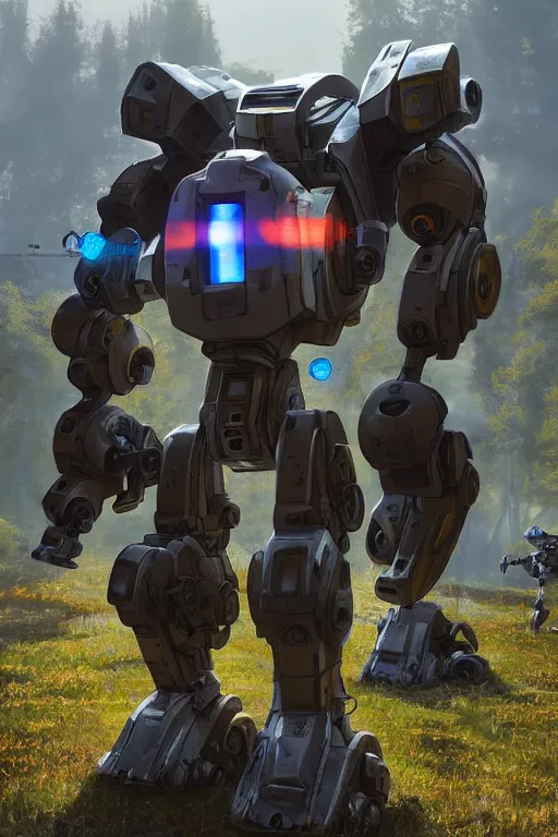 Image similar to mechwarrior 5 : mercenaries mech megaman transformer robot boss tank engine game octane render, 4 k, hd 2 0 2 2 3 d cgi rtx hdr style chrome reflexion glow fanart, global illumination ray tracing hdr fanart arstation by ian pesty by jesper ejsing pixar and disney unreal zbrush central hardmesh