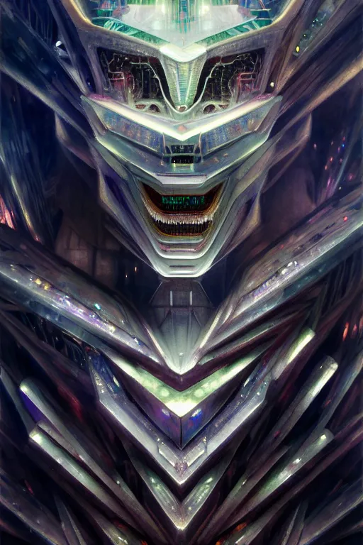 Prompt: dreamland of chinese, ghost, sharp, slender and densely arranged teeth, futuristic, expressive, dystopian, cyberpunk, mecha, halfturn portrait of a big crystal face made of crystals half - turn, ominous, intricate, studio, art by anthony macbain + greg rutkowski + alphonse mucha, concept art, 4 k, sharp focus