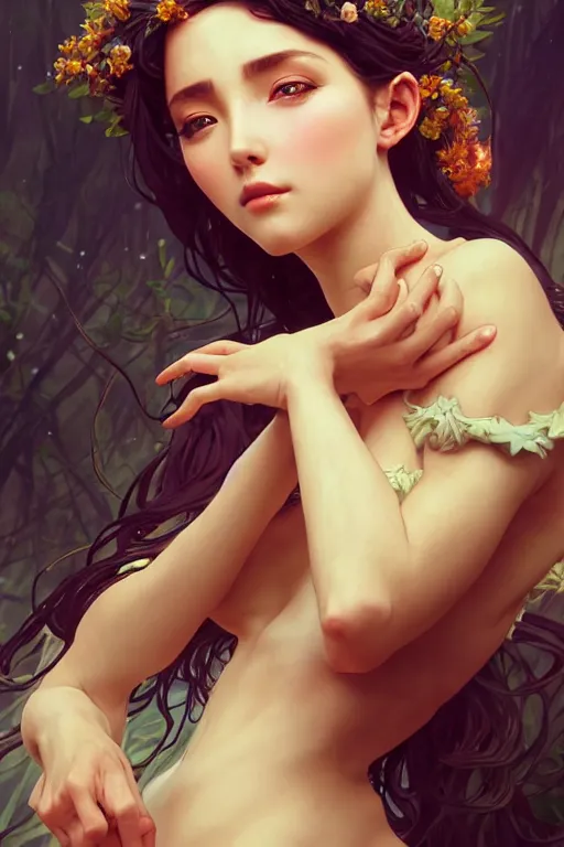 Image similar to a seductive nature goddess with perfect hands and glowing skin in the style of artgerm, wlop, greg rutkowski, alphonse mucha and ayami kojima, realistic details, volumetric lighting, very very very very beautiful symmetrical face, trending on artstation, artstationhd, artstationhq, unreal engine, 4 k, 8 k