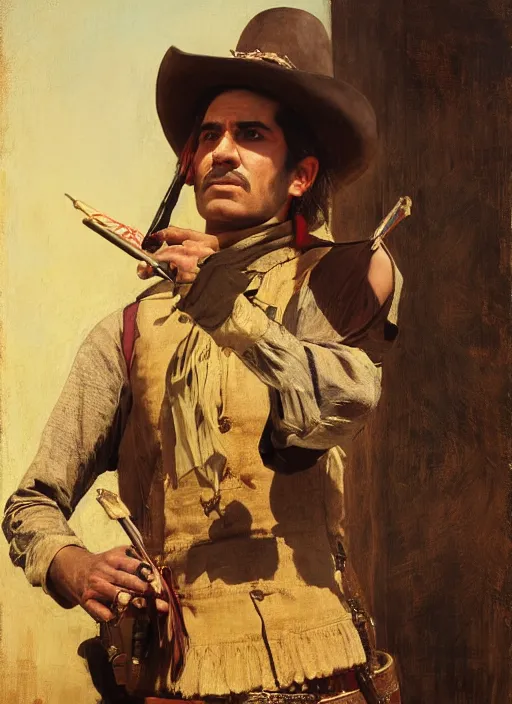 Prompt: Old west circus trickshooter (rdr2). Iranian orientalist portrait by john william waterhouse and Edwin Longsden Long and Theodore Ralli and Nasreddine Dinet, oil on canvas. Cinematic, hyper realism, realistic proportions, dramatic lighting, high detail 4k