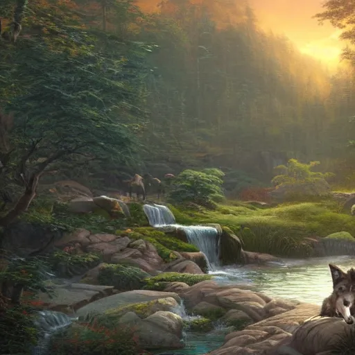 Prompt: an 8k resolution matte painting of a wolf meditating near a zen waterfall at sunset, by greg rutkowski and thomas kinkade