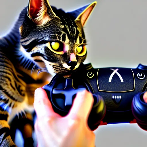 Image similar to a cat playing video games on a controller, photo, octane render, realistic, hyper realistic