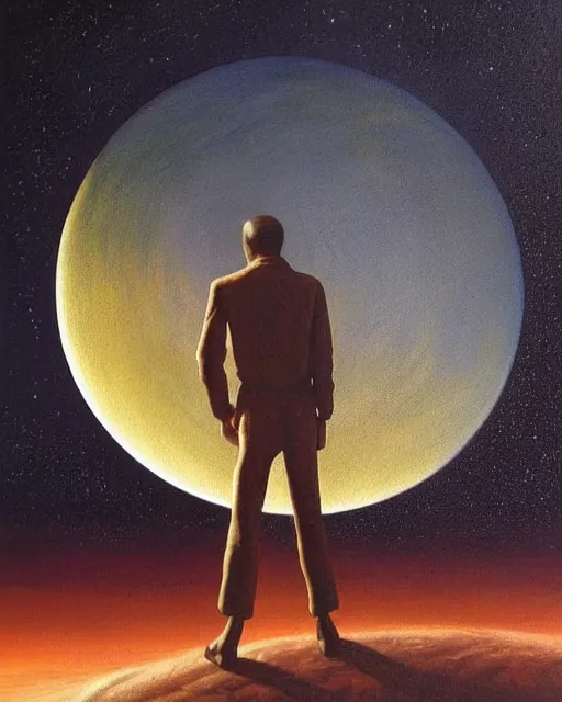 Image similar to a painting of a man standing in front of a planet, a detailed matte painting by david a. hardy and by david a hardy and by clyde caldwell, featured on deviantart, space art, sci - fi, dystopian art, matte painting