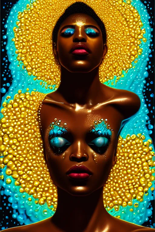 Image similar to hyperrealistic precisionist cinematic profile very expressive! black oshun goddess, in water! up to shoulders, mirror dripping droplet!, gold flowers, highly detailed face, digital art masterpiece, smooth eric zener cam de leon, dramatic pearlescent turquoise light on one side, low angle uhd 8 k, shallow depth of field