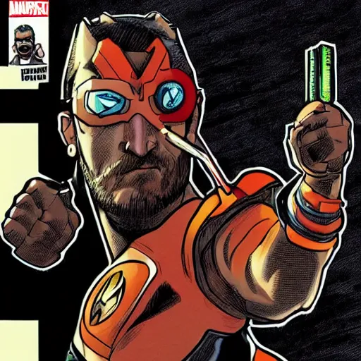 Prompt: gordon freeman as a superhero on a dark intense cinematic marvel comics cover