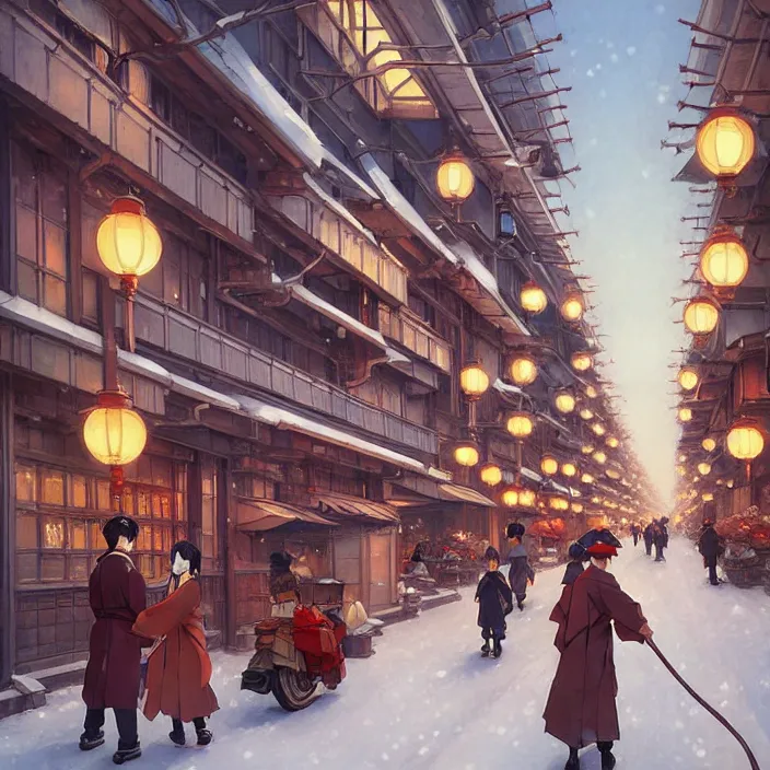 Image similar to japanese big city, winter, in the style of studio ghibli, j. c. leyendecker, greg rutkowski, artem