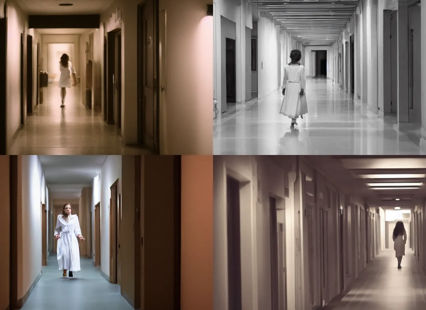 Prompt: Live Action Still of a woman in white is walking hallway at night, real life, film still