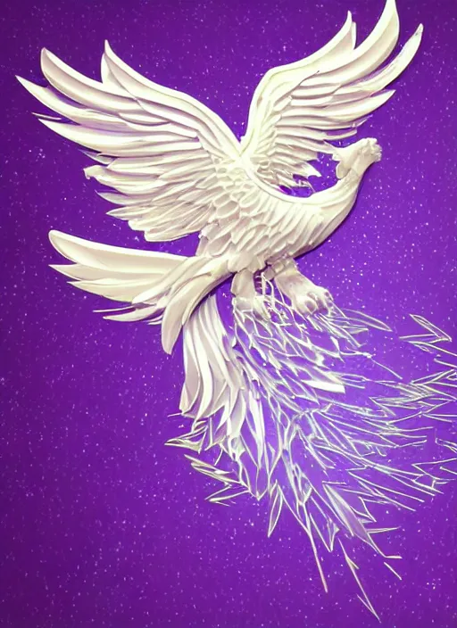 Image similar to white phoenix subtle purple gold white phoenix salt crystals sharp detail 3d render simple background graphic ultra simplified deco design fai khadra gaika style