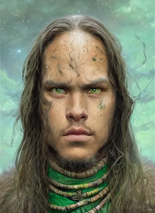 Prompt: a shaman in his twenties with long light brown hair tied back, light green eyes, a large forehead, a widows peak and a round face with high cheekbones as a realistic d & d fantasy character, portrait art by donato giancola and greg rutkowski, vintage retro, realistic face, digital art, trending on artstation