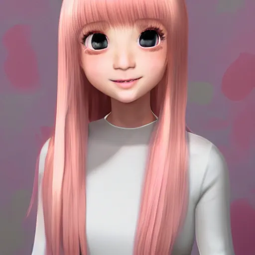 Image similar to Render of Nikki from Shining Nikki Dress-Up Game, a cute 3D young woman, long light pink hair, full bangs, full round face, hazel amber eyes, pale skin, cute freckles, light blush, Chinese heritage, smiling softly, wearing casual clothing, interior lighting, cozy living room background, medium shot, mid-shot, hyperdetailed, trending on Artstation, Unreal Engine 4k