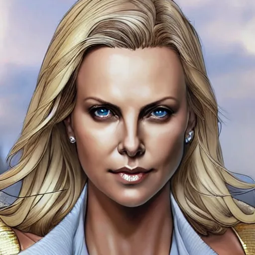 Prompt: charlize theron as emma frost, symmetrical facial features, 8 k intricate detail, detailed face, beautiful, golden ratio, art by ardian syaf, radiosity rendering,