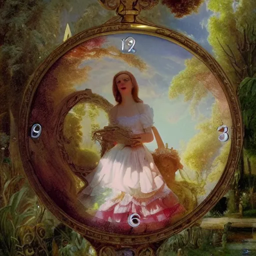 Image similar to Alice in Wonderland,Clock,Rose twining,out of time and space,dreamy, eternity, romantic,highly detailed,in the style of Franz Xaver Winterhalter, night lighting