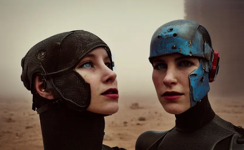 Image similar to cinestill 5 0 d photographic portrait by helen levitt of two loving female androids wearing rugged black mesh techwear on a desolate plain, extreme closeup, modern cyberpunk moody emotional cinematic, dust storm, 8 k, hd, high resolution, 3 5 mm, f / 3 2, ultra realistic faces, ex machina