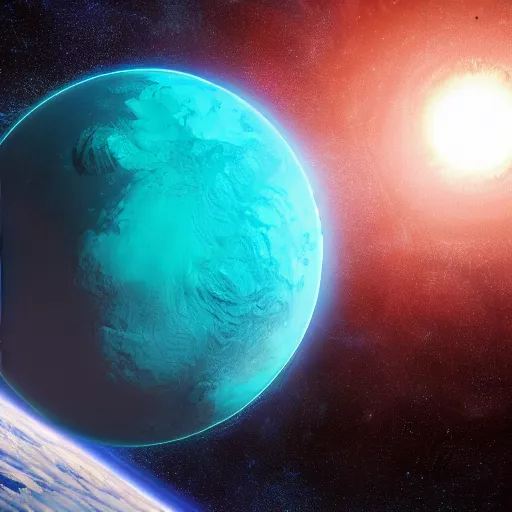 Prompt: a planet earth that shatters into pieces in space with a turquoise glow, and lovecraftian horror next to it unreal engine 4 realistic photo