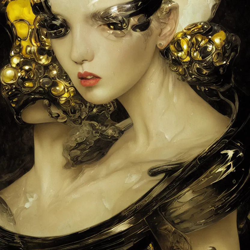 Image similar to a dark baroque close - up portrait of a yellow and white porcelain being made out of white liquid sci - fi vitrified translucent ceramic marble ; china. reflective detailed textures. gloomy black background. highly detailed fantasy science fiction painting by moebius, norman rockwell, frank frazetta, and syd mead. rich colors, high contrast. artstation